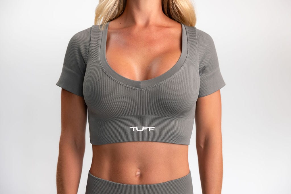 Classic Ribbed Short Sleeve Crop Top - Gray TuffWraps.com